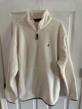 Vintage Cream and Navy Nautica 1/4 Quarter Zip Fleece Men's L Large Top